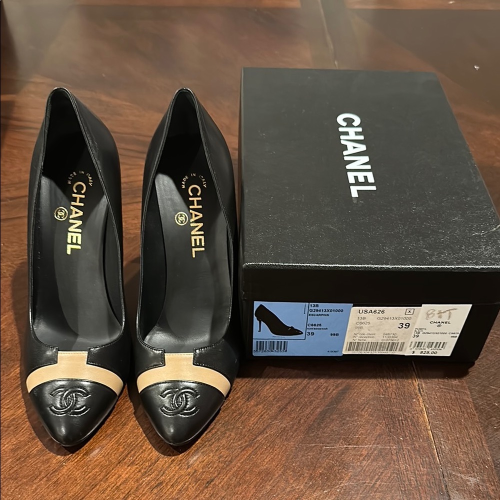 Authentic Chanel Black and Cream Women's High Heels